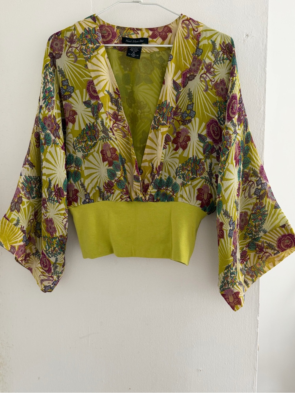 Heart Moon Star Silk Floral Kimono Sleeve Crop Top Size M